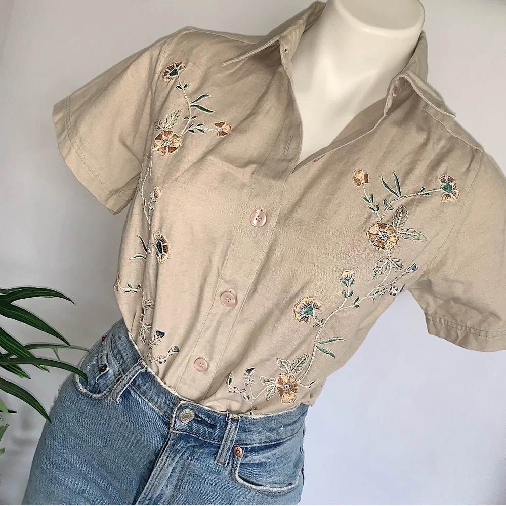 Vintage Beige Embroidered Button-Up Blouse